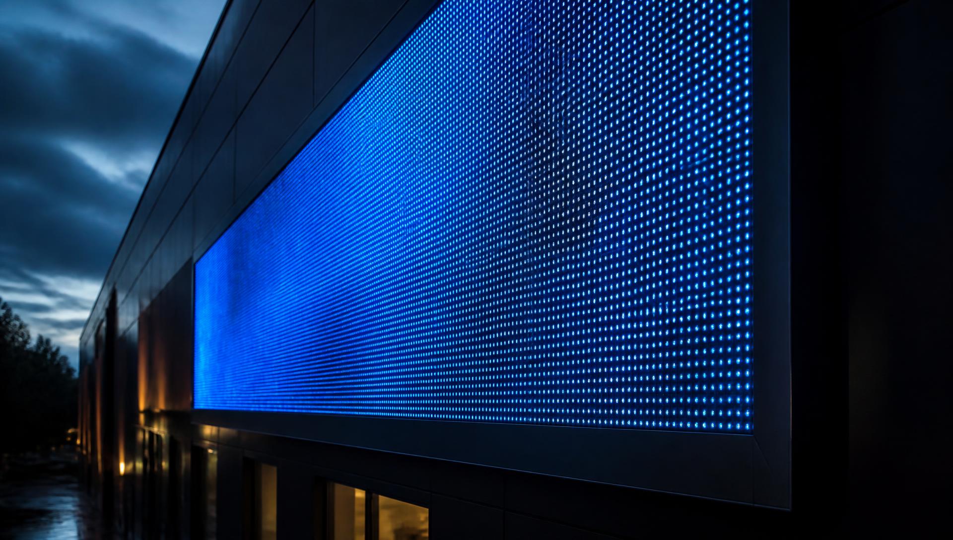 Painel de LED em funcionamento na fachada de um edifício comercial